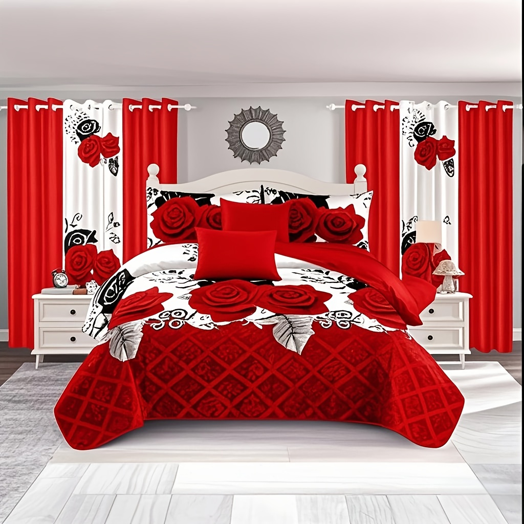 TEMU [romantic Luxury Bedding Set] 9pcs Romantic Luxury Bedding And Blackout Curtains Set - 1 Thick Printed Bedspread, 2 Printed Pillows, 4 Solid