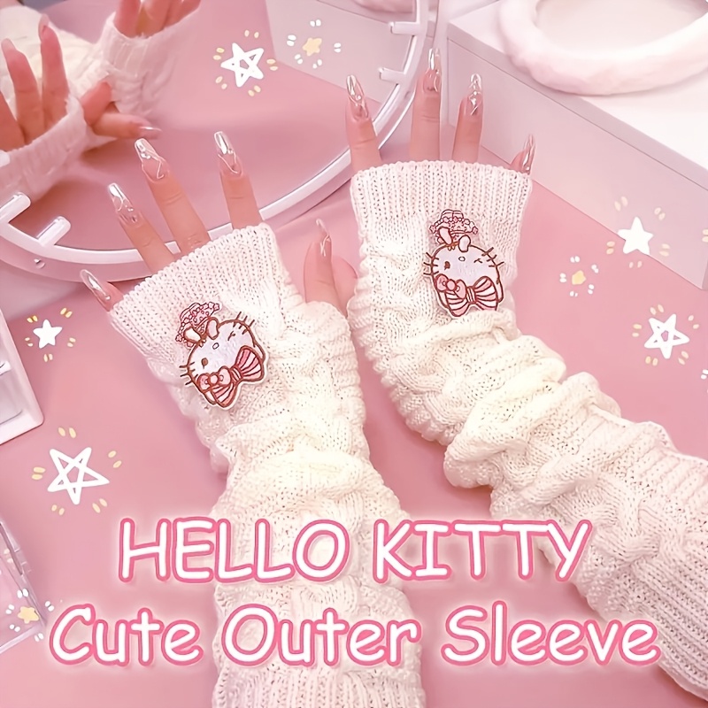 

Sanrio Hello Kitty Knit Arm Sleeves - Cute Cartoon Embroidered, Warm & Stretchy Fingerless Gloves For Winter , Perfect Valentine's Gift