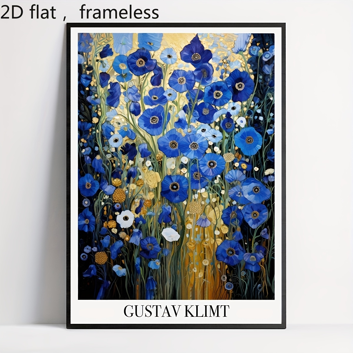 Image of 2d Flat, 2d Flat, Klimt Blue Flowers Canvas Art Poster - Frameless Botanical Wall Decor For Living Room, Bedroom, Home Office - Vintage And Modern Room Decor