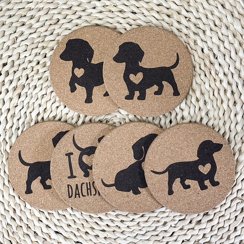 TEMU 6pcs Handcrafted Cork Coasters With Dachshund & Heart Designs - "i ♥ Dachshund" Engraved, Rustic Style Drink Mats For Mugs, Glasses, Coffee Cups - Ideal Gift For Dog Lovers, Fits Holidays