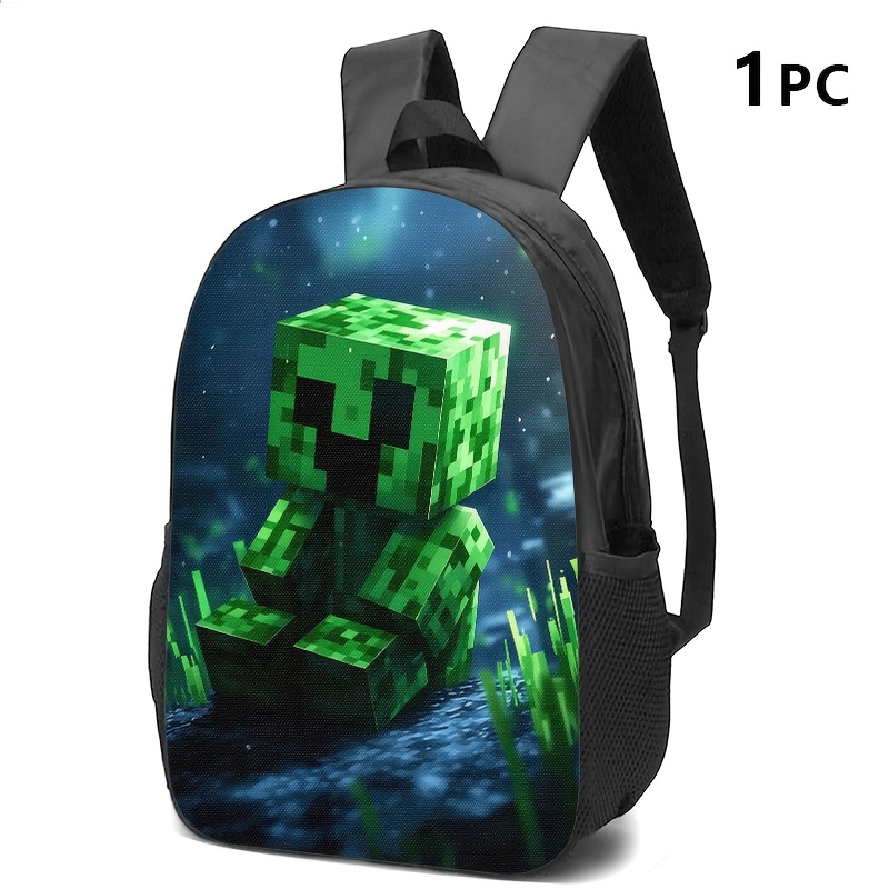 TEMU 1/2/3pc Backpack, Crossbody Bag, And Pouch Featuring Block-based Game Creeper In 2d Printed Art On Grass Background; Ideal For , Daily Use,
