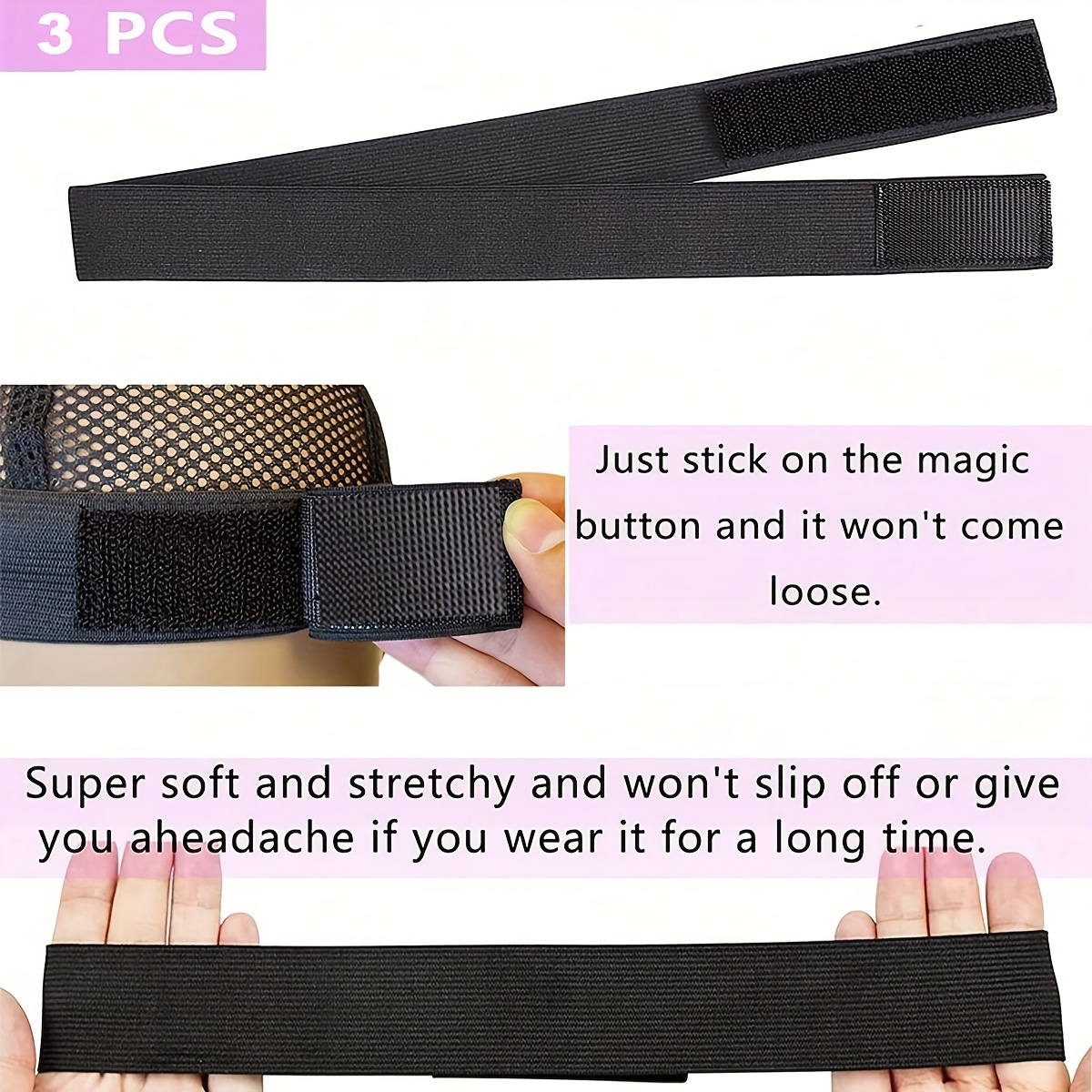 3pcs 3cm Wide Black Adjustable Elastic Band For Wigs Adjustable Straps For  Wigs High-Elastic Sewing Elastic Ribbon