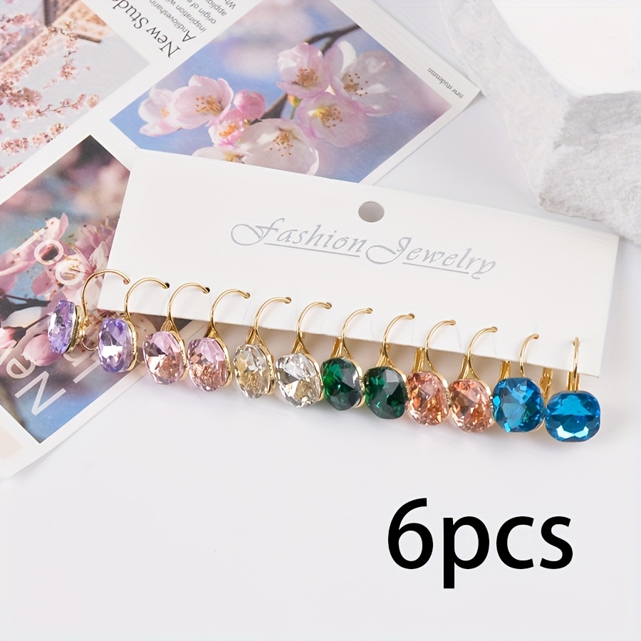 TEMU 1 Set Of 6 Pairs Exquisite Fashion Ear Jewelry, Colorful Rhinestone Pendant Earrings, Suitable For Birthday Daily Wear And Gifting