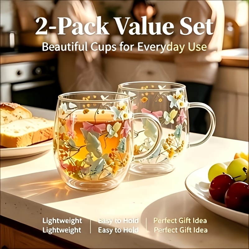 TEMU 2-pack Artificial Flower Glass Mugs With Handles, For Daily Use And Gifting
