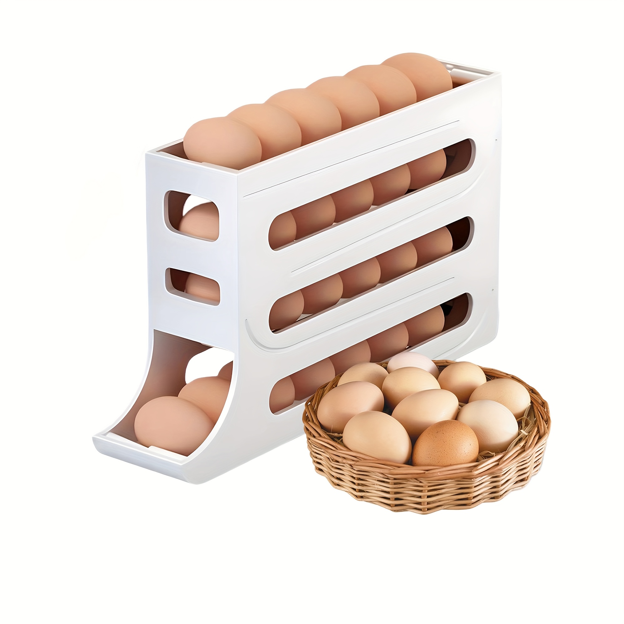 TEMU 27-egg Storage Box Refrigerator Organizer, Automatic Dispenser, Space-saving 4-tier Large Capacity Egg Holder