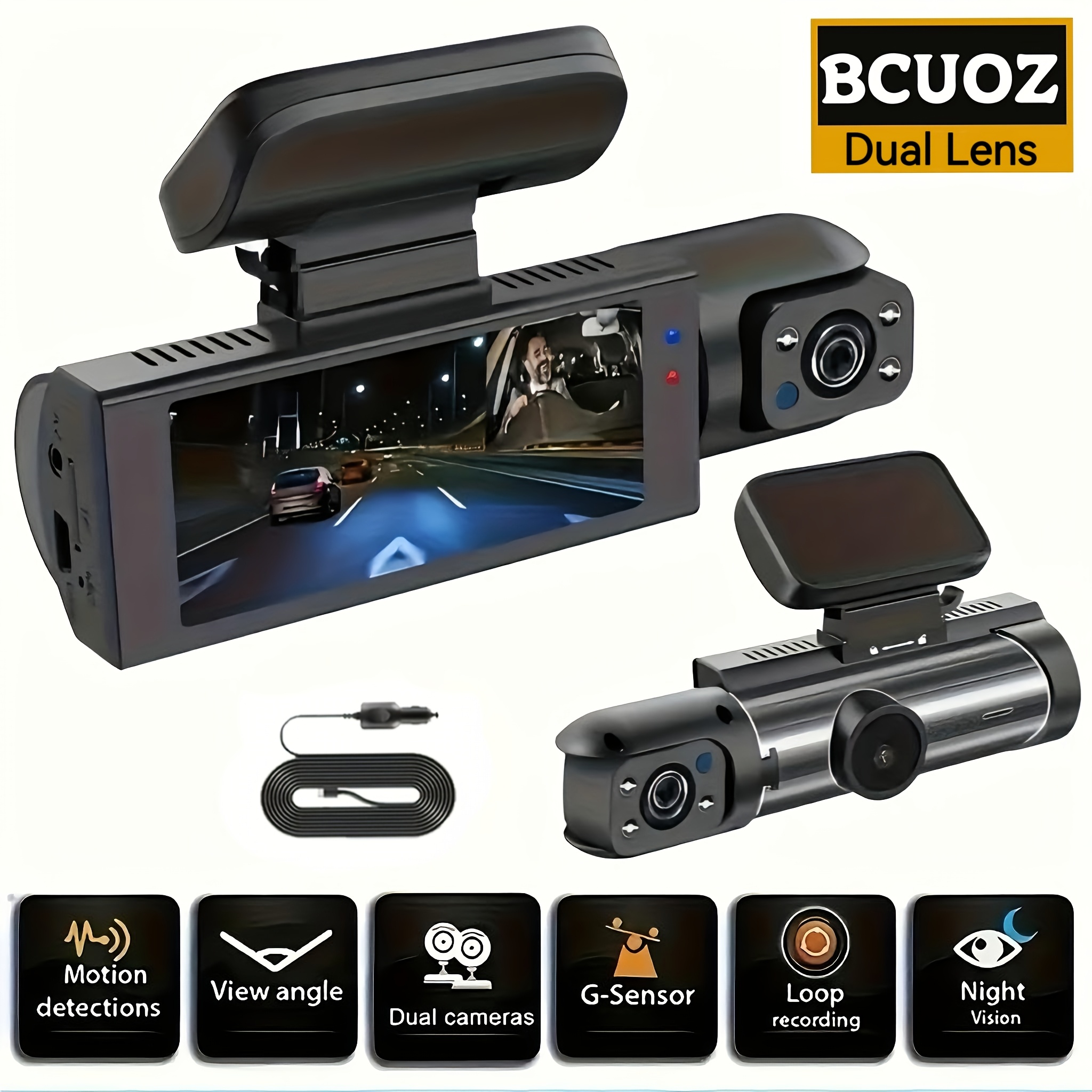 Cámara de salpicadero dual 1080P+720P para coches con visión nocturna IR, grabación en bucle y lente gran angular - Pantalla IPS de 8.03 cm, con tarjeta SD de 32 GB opcional