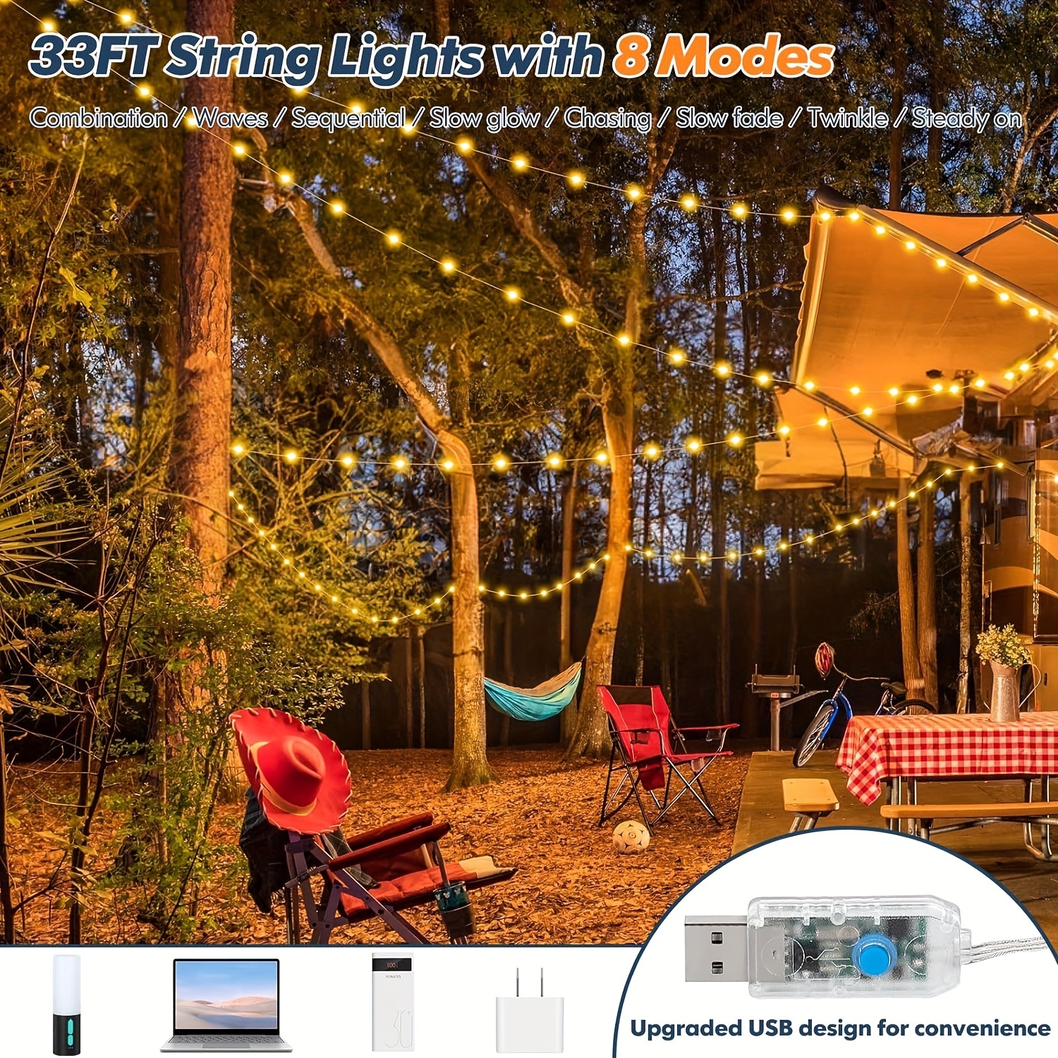 Camping String Lights, Camping Lantern with 32.8ft Lights String, Rechargeable Waterproof Camp Lights, Upgraded Outdoor String Light, Portable Camping