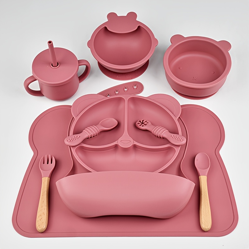 10pcs Of Baby Tableware Set For Boys And Girls, Silicone Plates, Rice Paste Spoons, Forks, Food Tools, Complete Set For Children's Self-learning, Eating Bibs, Meal Mats, And Food Bowls