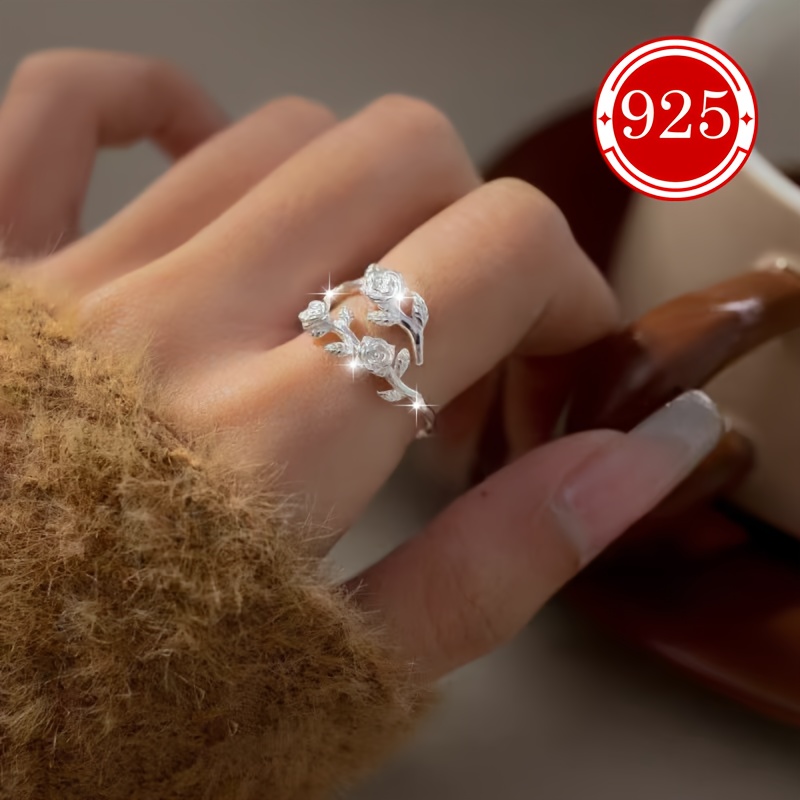 925 Silver Adjustable Rose Flower Open Ring for Women
