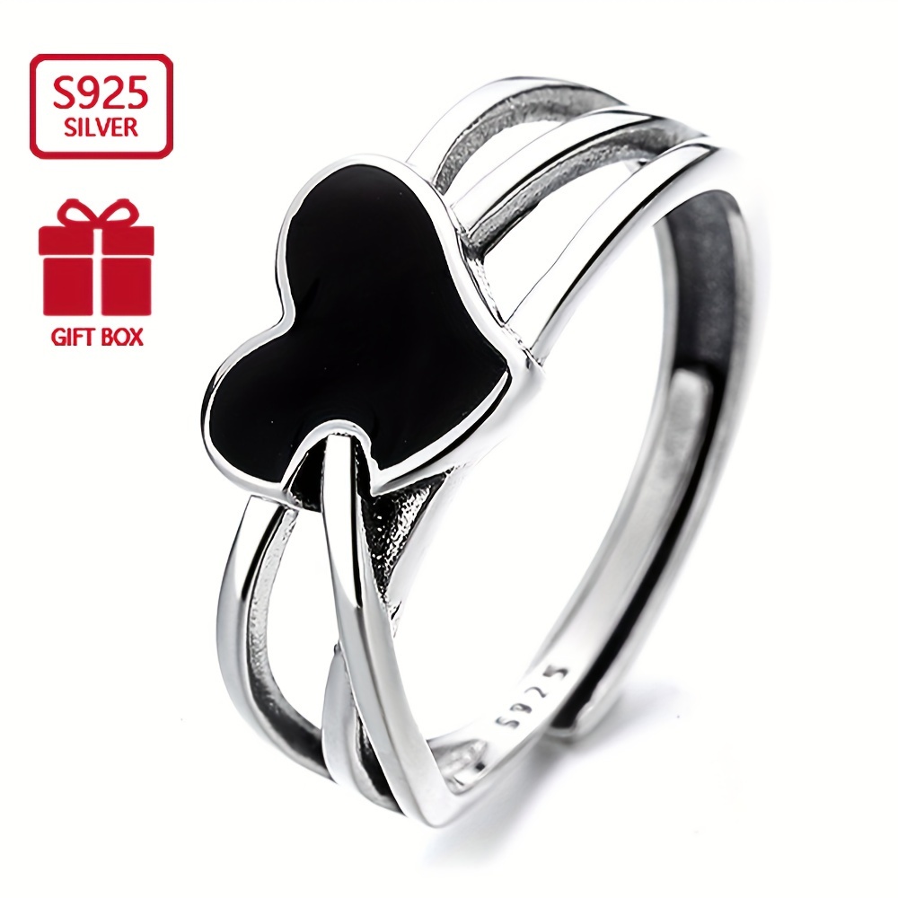 

1pc 925 Sterling Silver Open Ring Black Heart Design Symbol Of Dangerous Love Suitable For Men And Women High Quality Adjustable Ring