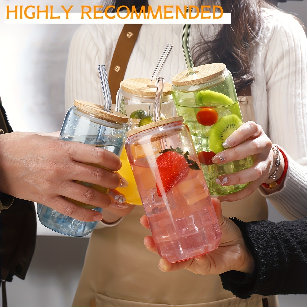 4pcs glass 16 oz   473 2 ml drinking mug with bamboo lid and glass straw pretty jar shaped glasses for parties great for     coffee 2 cleaning brushes Product details 3