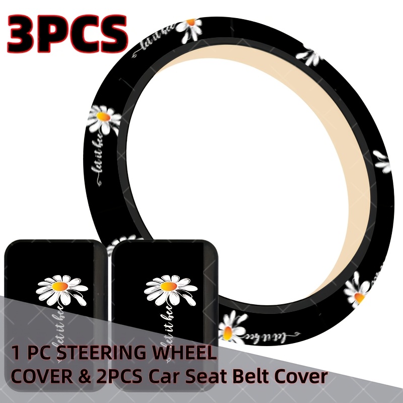 TEMU 3pcs Set White Daisy Flower With " Be" Script Decor Car Interior Set, Minimalist Bohemian-themed Style, Includes 1 Universal Car Steering Wheel