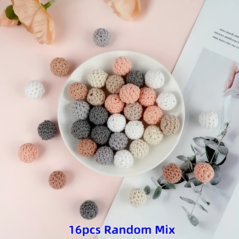 Image of 16pcs Random Mix Wooden , Multicolour Crochet Covered Beads 16mm, Round Wood Knitting Ball With Hole For Crafts Bracelet Necklace Jewelry Making, Christmas Dress Up, Home Decor And Holiday Gifts