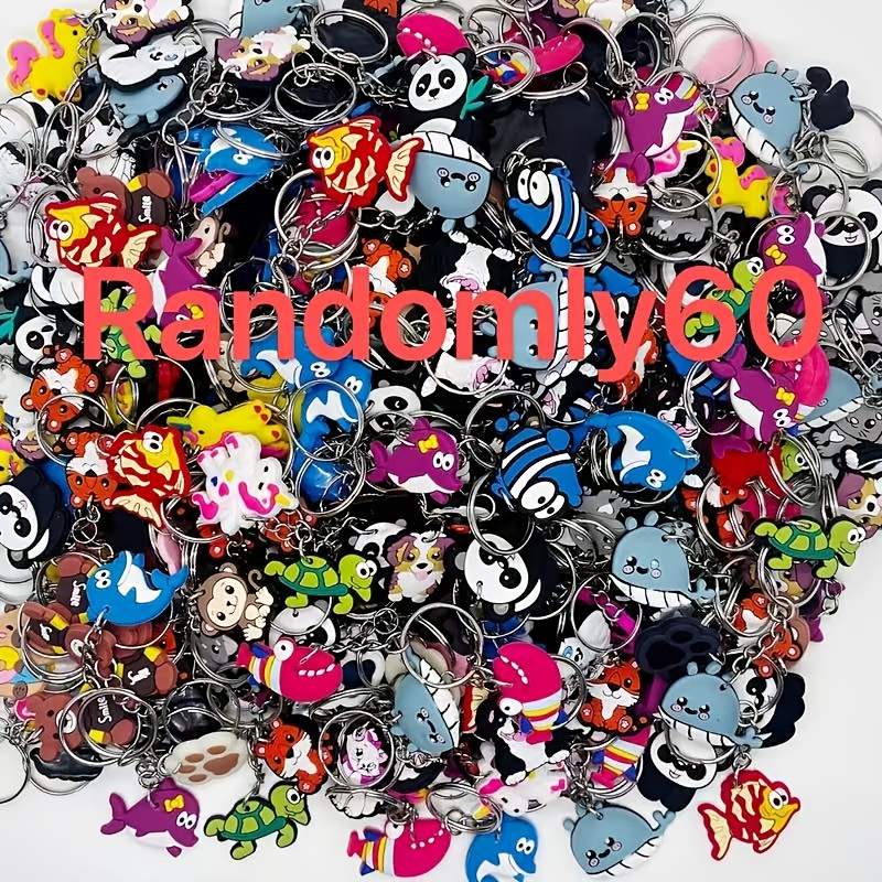 Image of 60pcs Cross-border Diy Random Style Pvc Keychains - Ocean, Panda, Puppy, Pony, Cat Paw, Cat, Anime Mixed Styles For Women's Bags, Key Rings, Irregular Random Anime Key Accessories