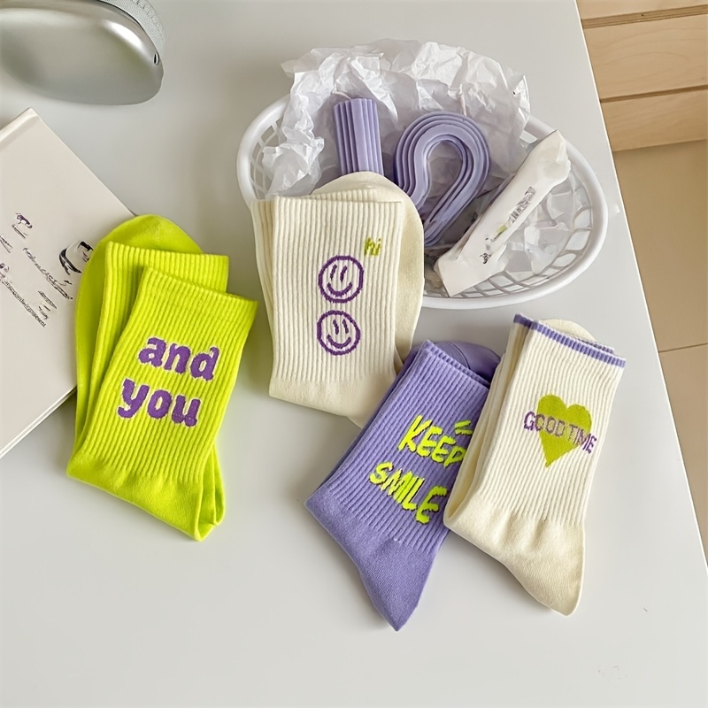 TEMU 4 Pairs Of Mixed Mid-calf Casual Purple Socks For Women, Suitable For Couples, High-waisted, Unique Dopamine Green Trendy Socks For Autumn And