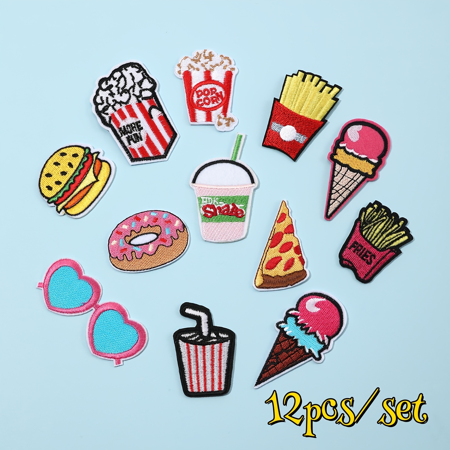 12pcs Mix Fries Bread Cake Drink Sew-on Iron-on Patch Dress Embroidered Appliques Patches