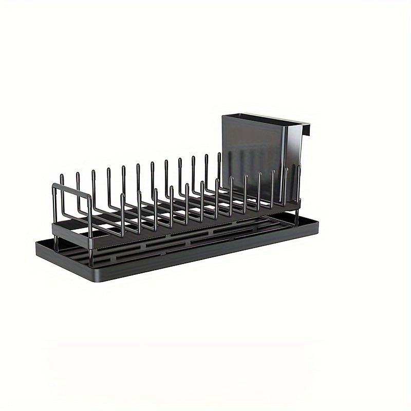 A Compact Dish Drying Rack With A Cutlery Holder, Featuring A Silicone Mat, Designed For Kitchen Counters And Over Sinks, In Black Color