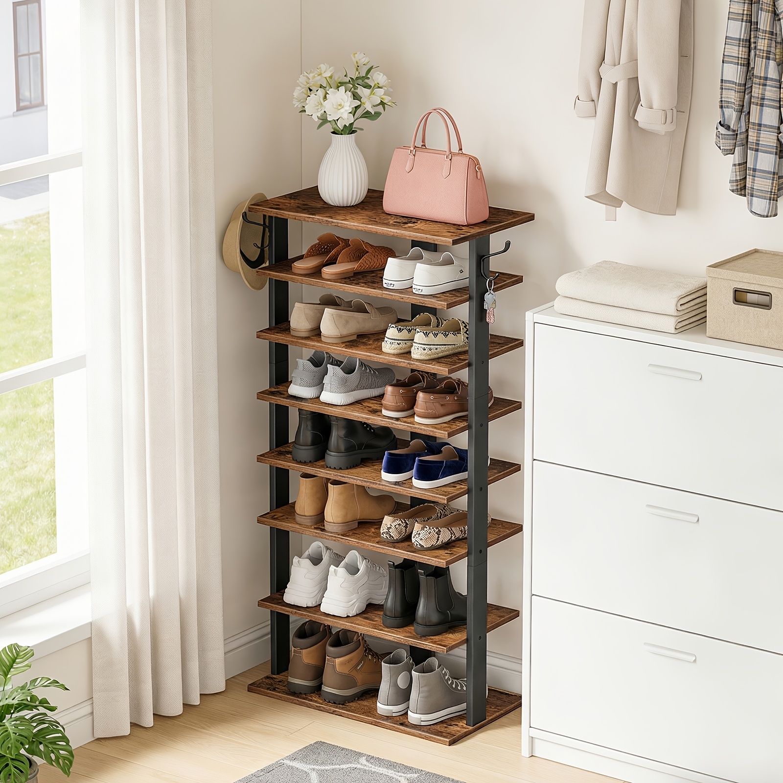 Image of 8-layer Metal And Wood Shoe Organizer - Compact 50cm Wide Shoe Storage Unit, Measures 50×28×113cm, Includes , Strong And Long-lasting, Ideal For Hallway, Living Area, And Bedroom, And Black