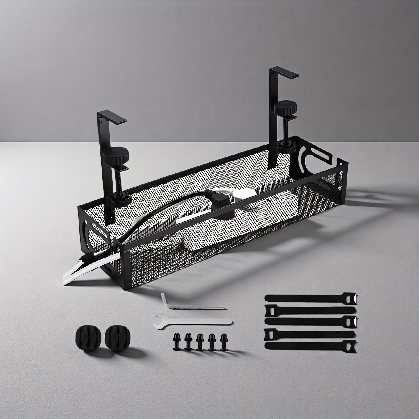 Temu [Design Extra-Largo E Estendido] Bandeja De Cabos Sob A Mesa Com SintéTica, Suporte De Malha Para ExtensãO De Energia Sem , AcessóRios E-image