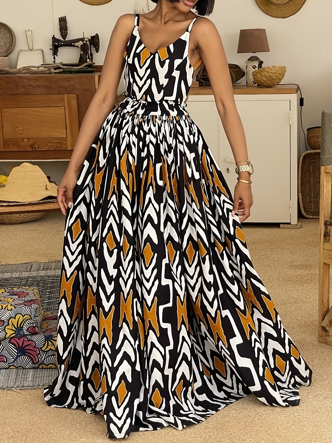 elegant geometric print maxi dress for women v neck sleeveless with   hem     pattern flowy a     casual or formal occasions cute dress