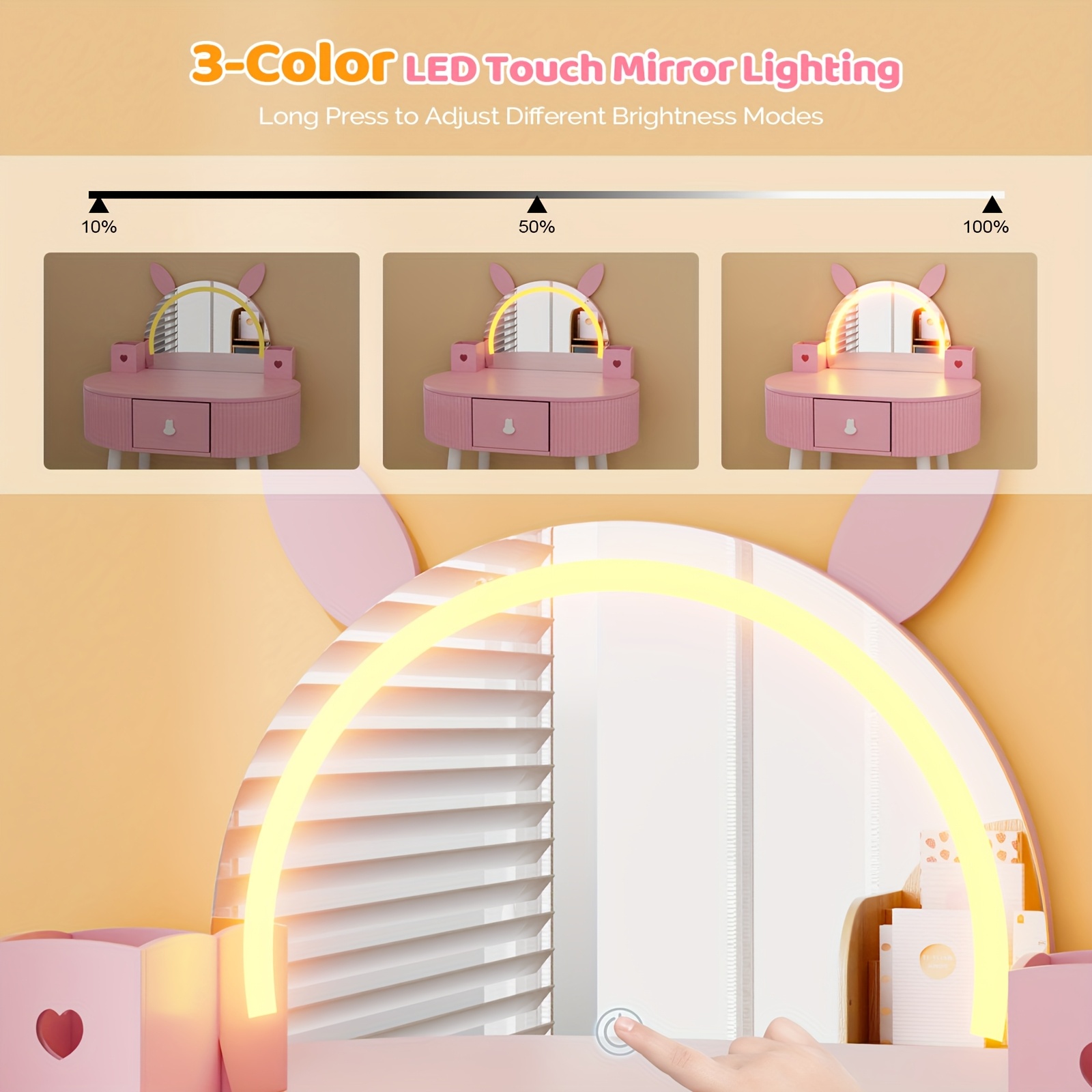 JOYMOR Kids Vanity Set with LED Lights, Girls Vanity Set, with Touch Screen, 3 Colors Adjustment, Solid Wood Leg, Large Drawer, 2 Storage Boxes, Kids Vanity Table and Chair Set, Birthday/Festival Gift for Girls, Animal Style