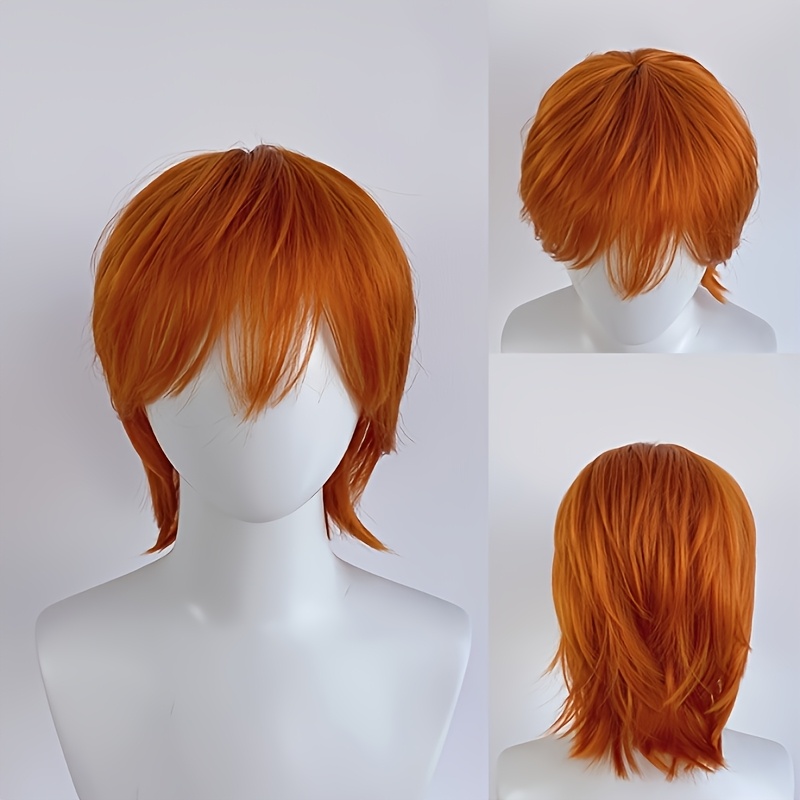 TEMU Perruque courte colle à coupe loup orange superposée et pour femme, perruque synthétique d' naturelle résistante à la chaleur, perruque de