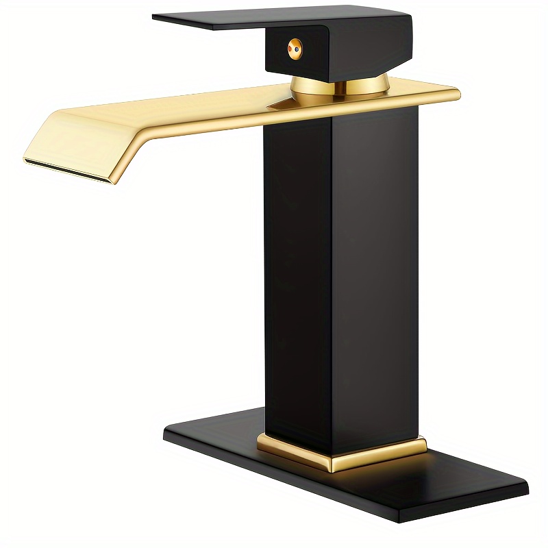 

Waterfall Bathroom Faucets 1 Hole, Matte Black & Shiny Gold Bathroom Sink Faucet, Lead Free Stainless Steel Single Hole Single Handle Vanity Faucet With Metal Pop Up Drain And Cupc Hose