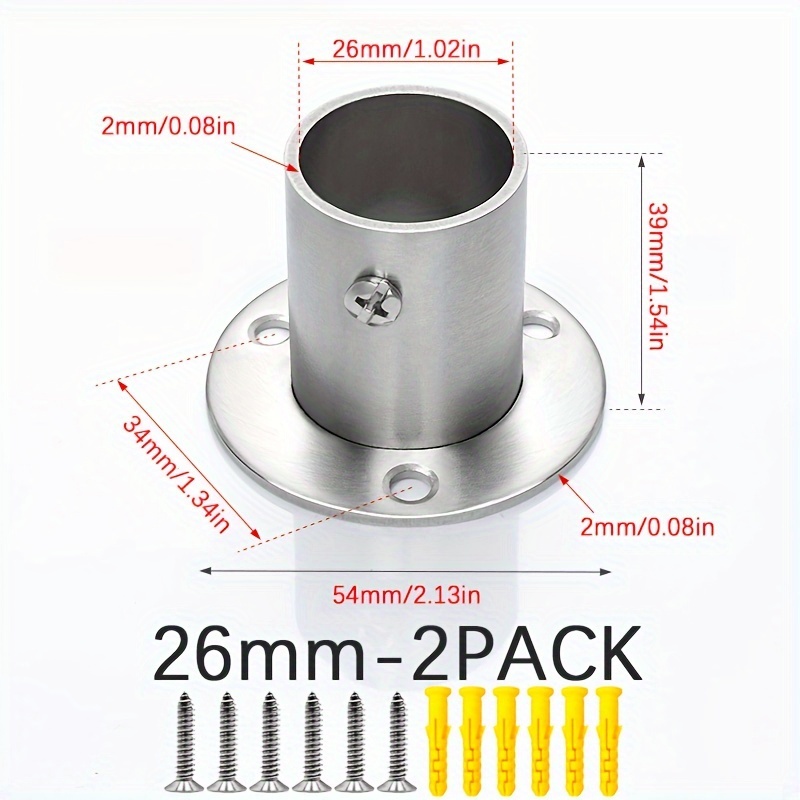 TEMU 2pcs 304 Stainless Steel Closet Rod Flange Holders With 6 Screws & 6 Expansion Anchors, Thick Material, Heavy Duty Wall Mount Wardrobe Rail