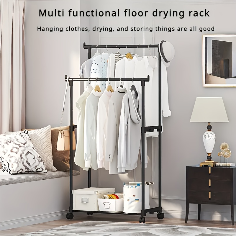 

Multi-functional Adjustable Metal Clothes Hanger With Wheels - Double Rod Storage Rack, Suitable For Clothes, Shoes And Hats - Steel Organizer For Home And Boutique