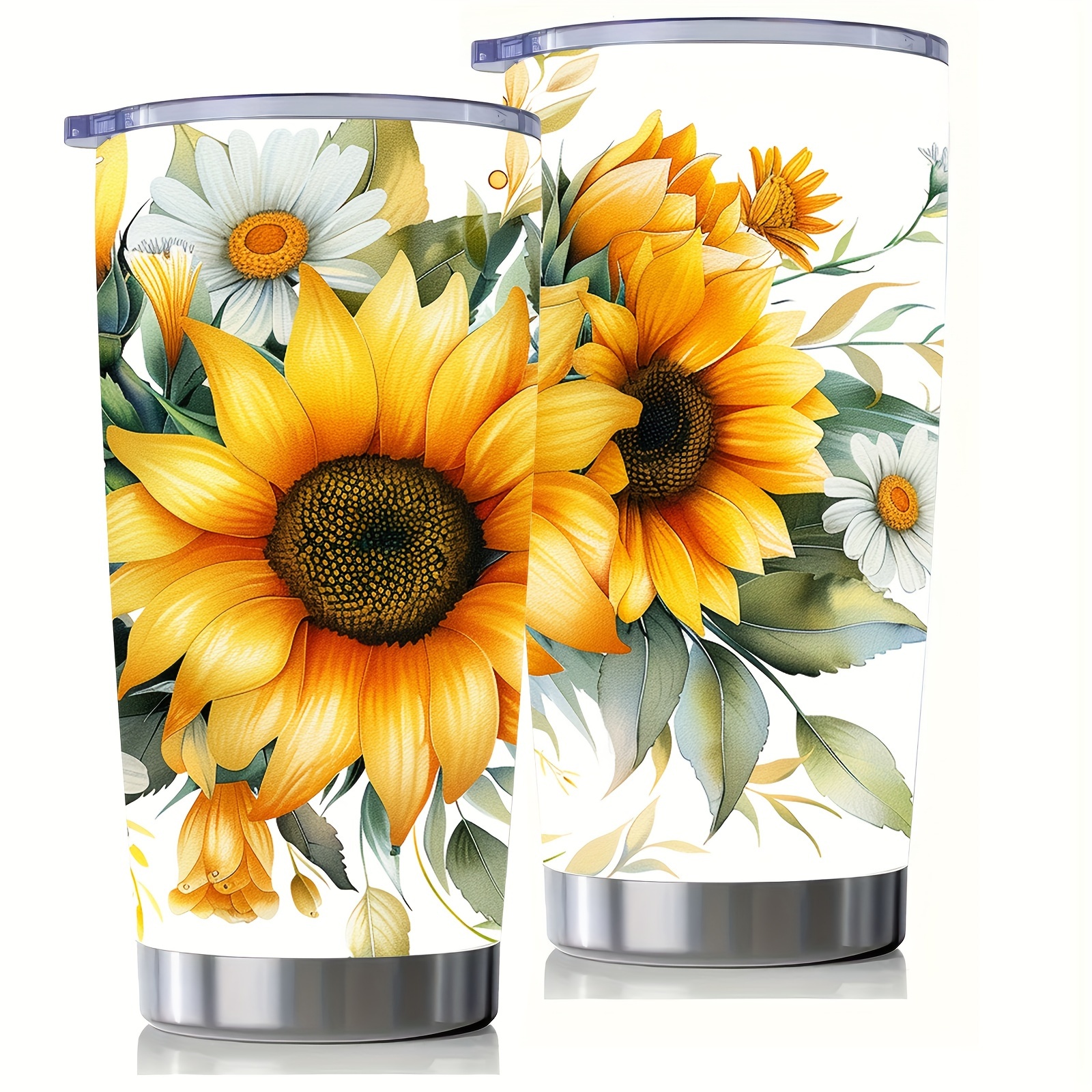 TEMU 1pc 20oz Tumbler Sunflower 304 Stainless Steel Floral Tumbler Floral Tall Insulated Cup With Straw, Double Wall Vacuum Travel Coffee Mug,