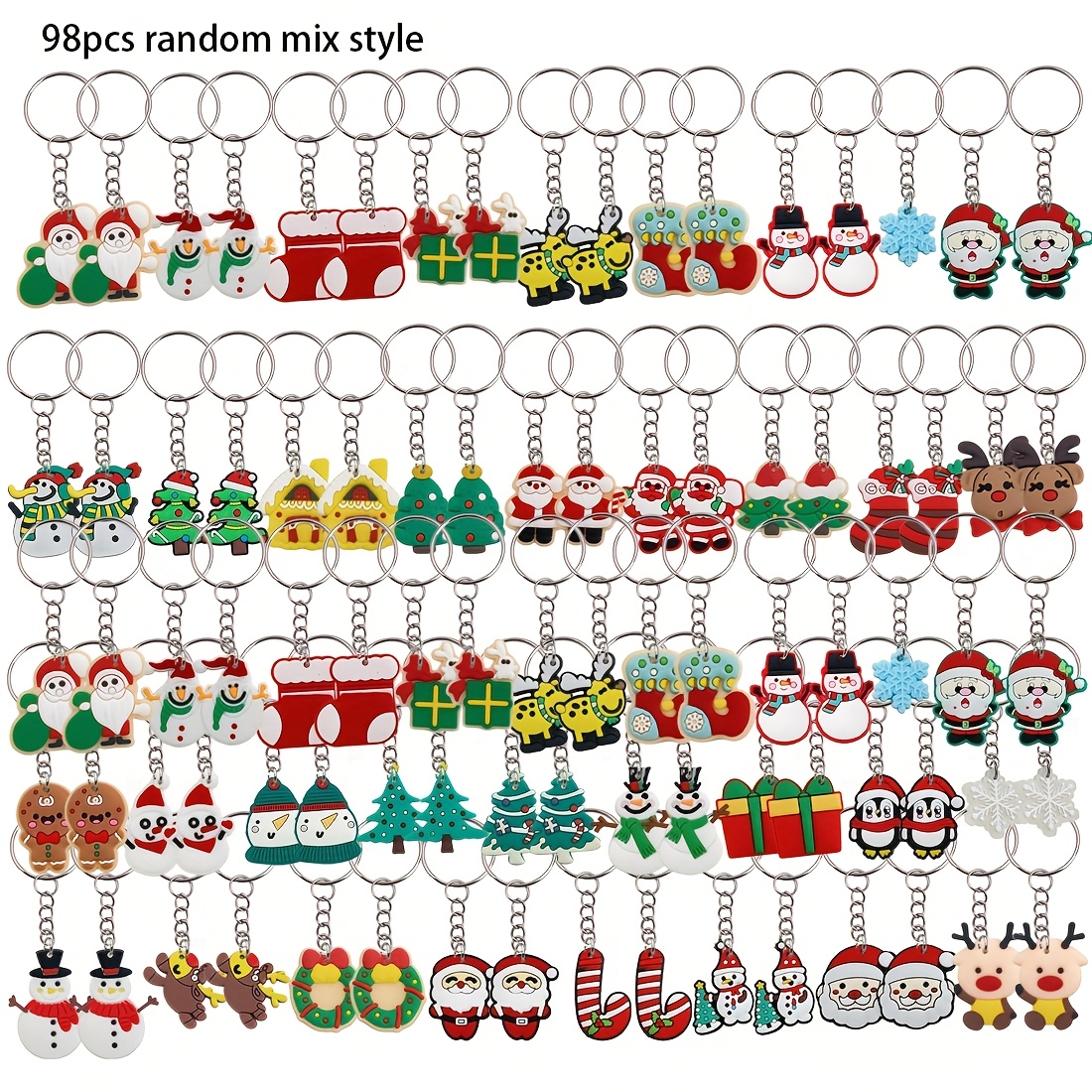 Image of 98-piece Random Assorted 2d Flat Christmas Theme Keychains With Santa, Reindeer, Gingerbread House, Christmas Tree, Gingerbread Man, Etc., For Bags, Keys, Etc., Christmas Decoration Gift