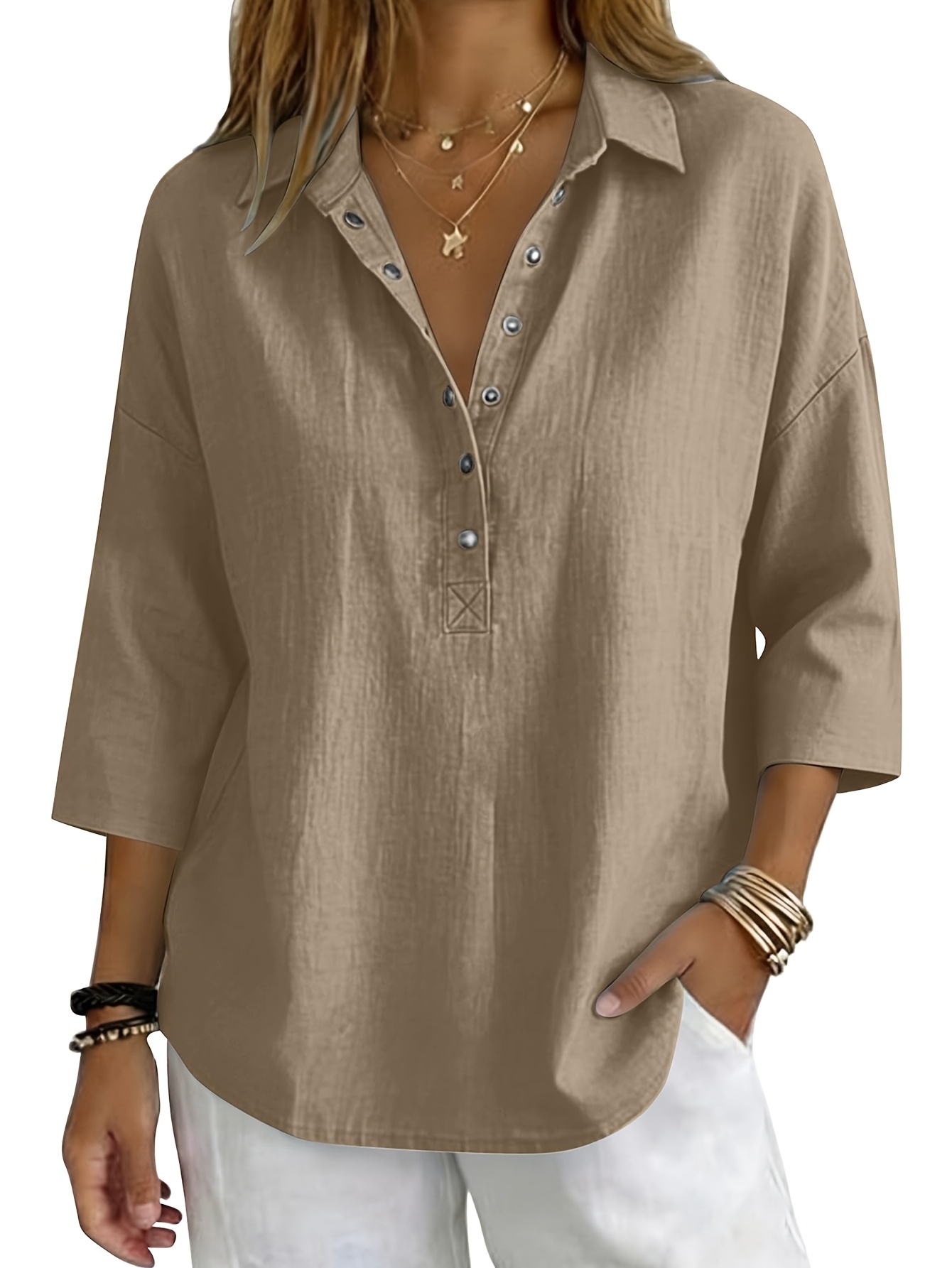 item picture womens elegant comfortable 3 4 sleeve top fashionable button up basic shirt loose casual v neck three quarter sleeve t shirt