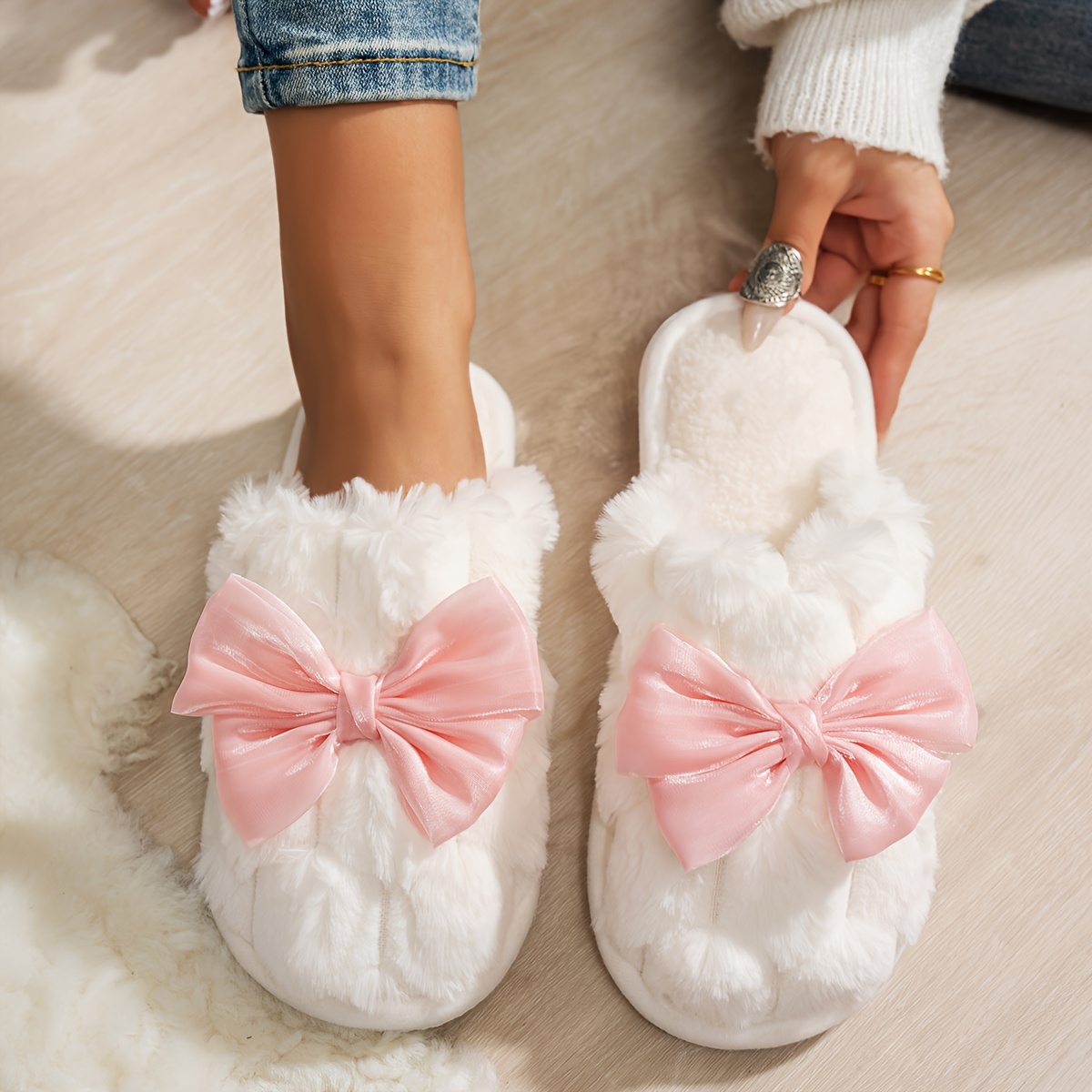 Image of Women' Cozy Plush Winter Slippers With White - & Pink/red Bow - Sole Indoor, Hand Washable Warm Booties For Floors, Sweet For Foot Types (no Braces/calf/half-foot), Women Shoes