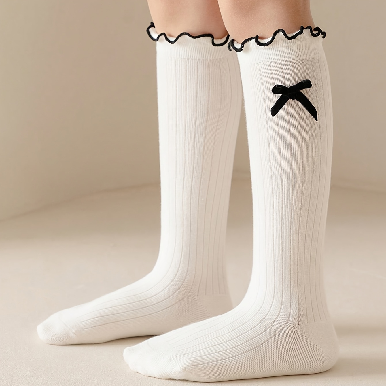 1 Pair Simple New Style Youth Solid Color Wide Mouth Ruffle Bowknot Academic Breathable Children's Calf Socks