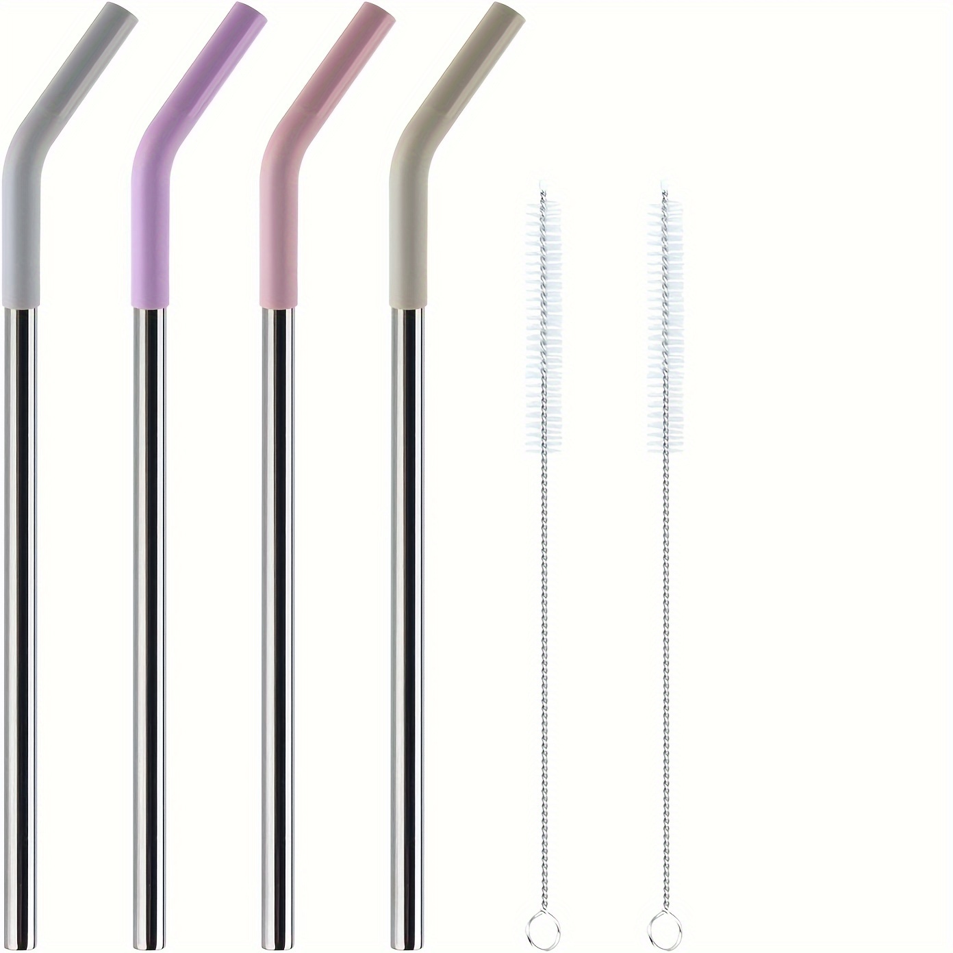 TEMU 4-pack Extra Long Reusable Metal Drinking Straws With Silicone Tips And Cleaning Brush, Polished Metal End, Food-safe, For 40oz Tumblers -
