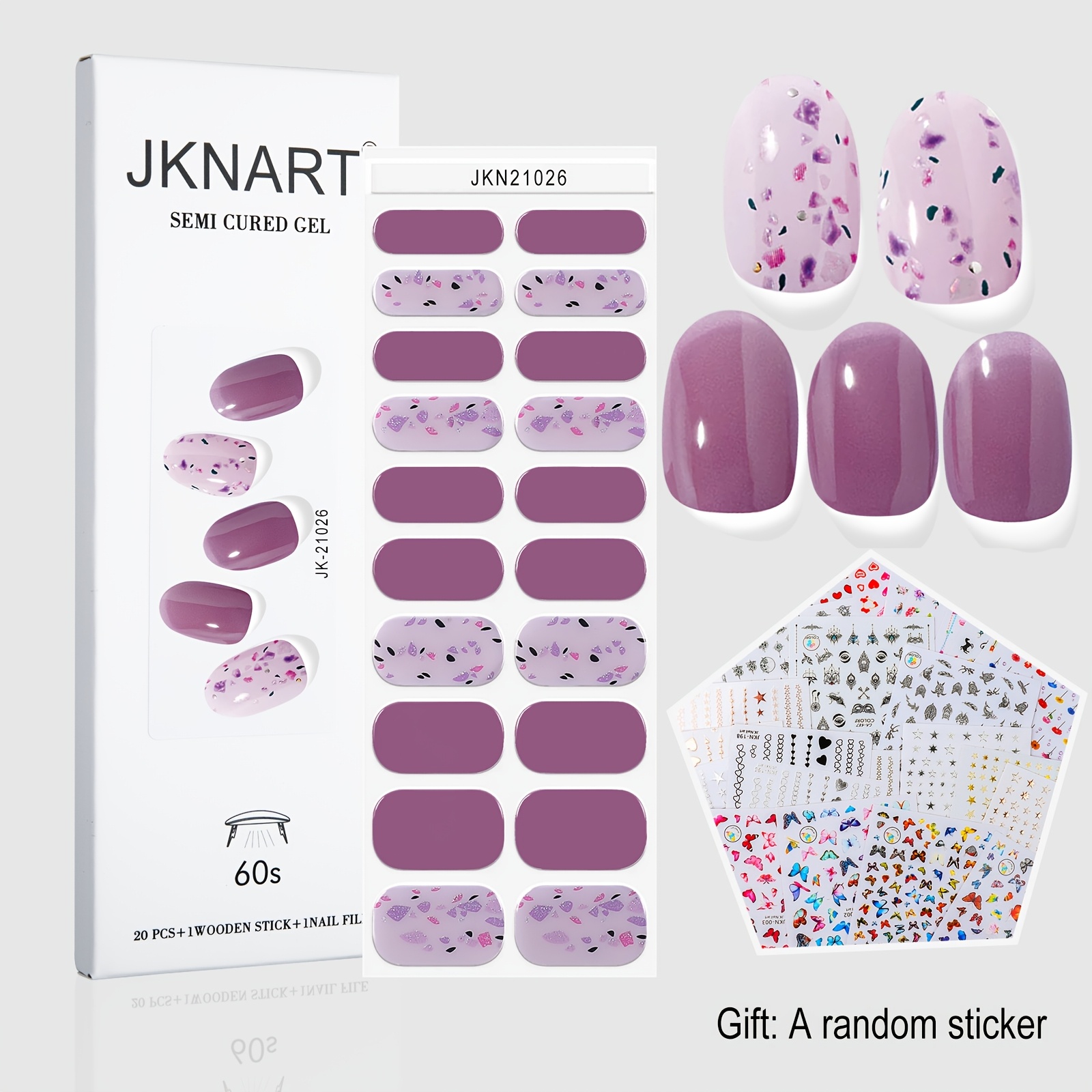 20pcs Of Semi-cured Nail Stickers, Purple Nails, Gel Semi-cured Nail Stickers, Full Coverage, Second-generation Soft Gel Nail Patches, Requires Lamp Curing, Durable, And Remove, Nail-friendly