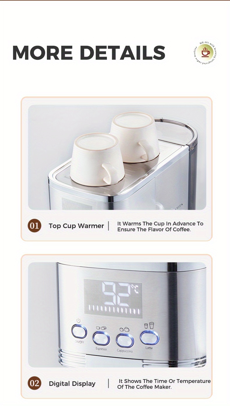 CAFELFFE MK801 Semi-Automatic Espresso Machine, Featuring An Automatic Milk Frothing System For One-touch Preparation. Equipped With 20 Bar High Pressure, Self-cleaning Function, Digital Display, And Temperature Control. Ideal For Home And Office Us