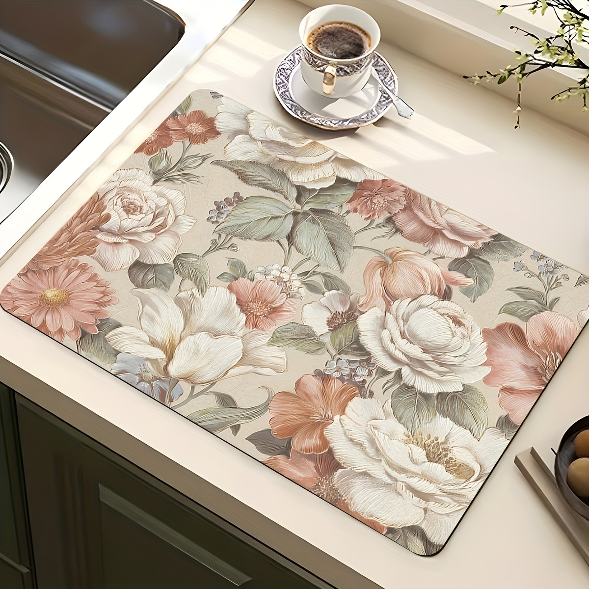 TEMU 1pc, Vintage Floral Pattern Printed Absorbent Placemat, Utensil Drying Mat, Durable Non-slip Rubber Bottom, Suitable For Kitchen, Dining Room,