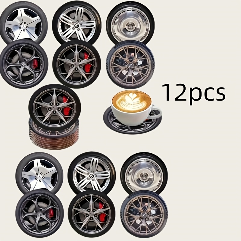 TEMU 12pcs Desktop Additions Coasters With Car Tire Pattern - For Bar And Home Decor, Ideal Gift For Car Enthusiasts