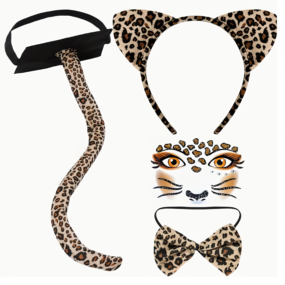 Image of New Halloween, Thanksgiving, Christmas, Carnival, Easter Leopard Costume Accessory Set, Themed Party, Holiday Gathering Leopard Costume, Leopard Print 4pcs Women's Costume Accessory Set