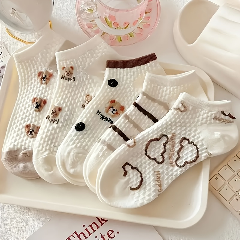 E-shop 5 Paar Damen Knöchelsocken - Niedliches Bär & Blumenmuster, Kaffeebraune Bequeme & Atmungsaktive Kurzsocken, Komfortable Polyester-Mischung, für