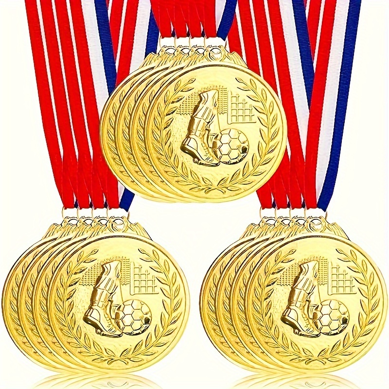 

12-pack Gold Soccer Medals With Tricolor Ribbon, 2 Inch Zinc Alloy Football Award Medals For Sports Tournaments, Competitions, And Recognition