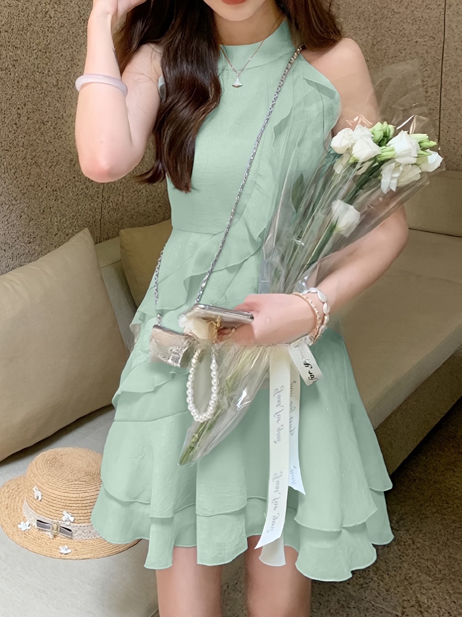 Women's * Green * A-Line Dress - Short Sleeveless Summer Dress with  Asymmetric Hem womens mint green party dress elegant floral a - Temu Spain