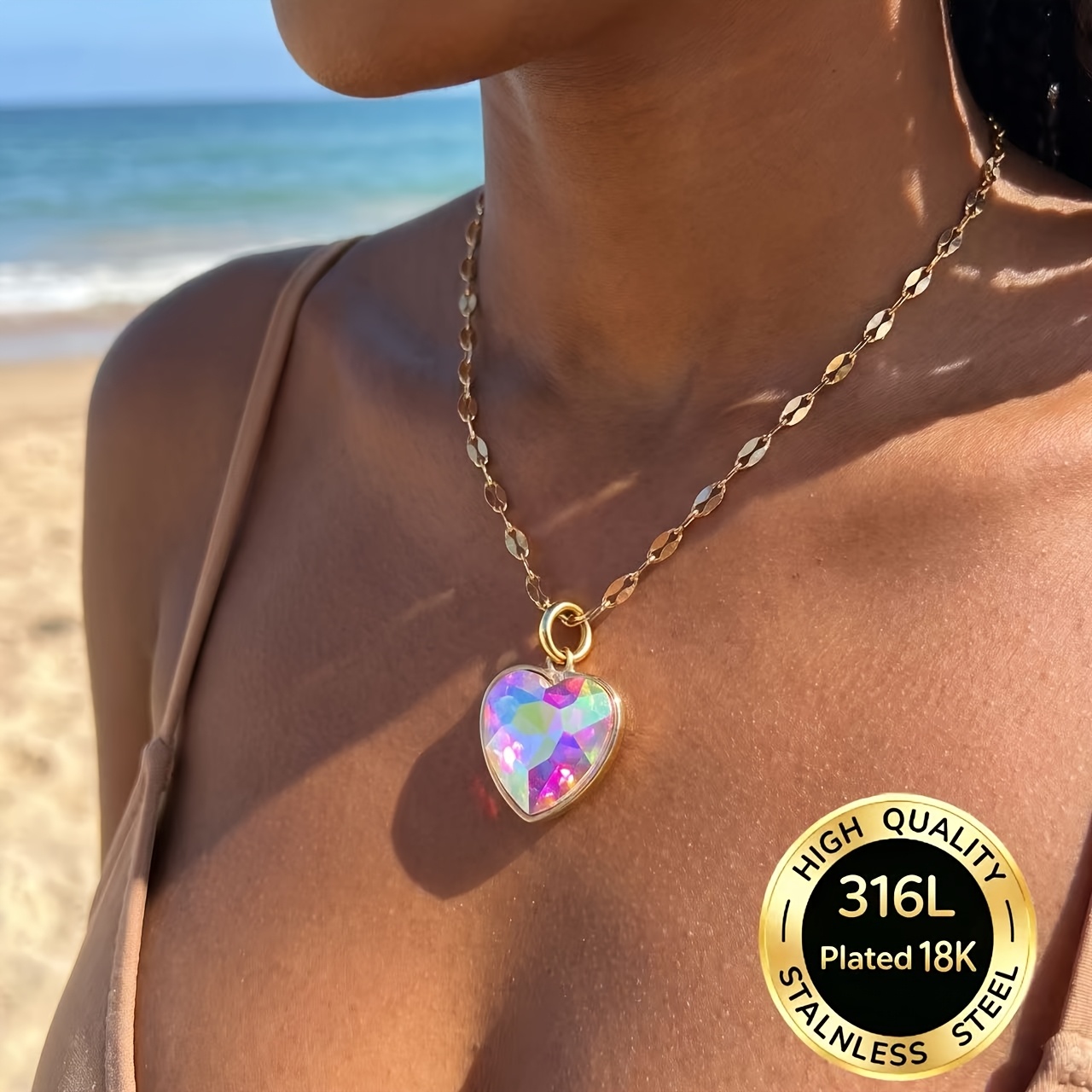 TEMU Collar de zirconia iridiscente con forma de , chapado en oro de 18K y acero inoxidable 316L, cadena de labios, cadena de clavícula, joyería de