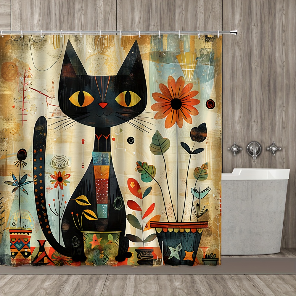 

1pc Cartoon Cat Floral Pattern With Hooks, Waterproof Bathroom Partition Curtain, Bathroom Accessories, Home Decor