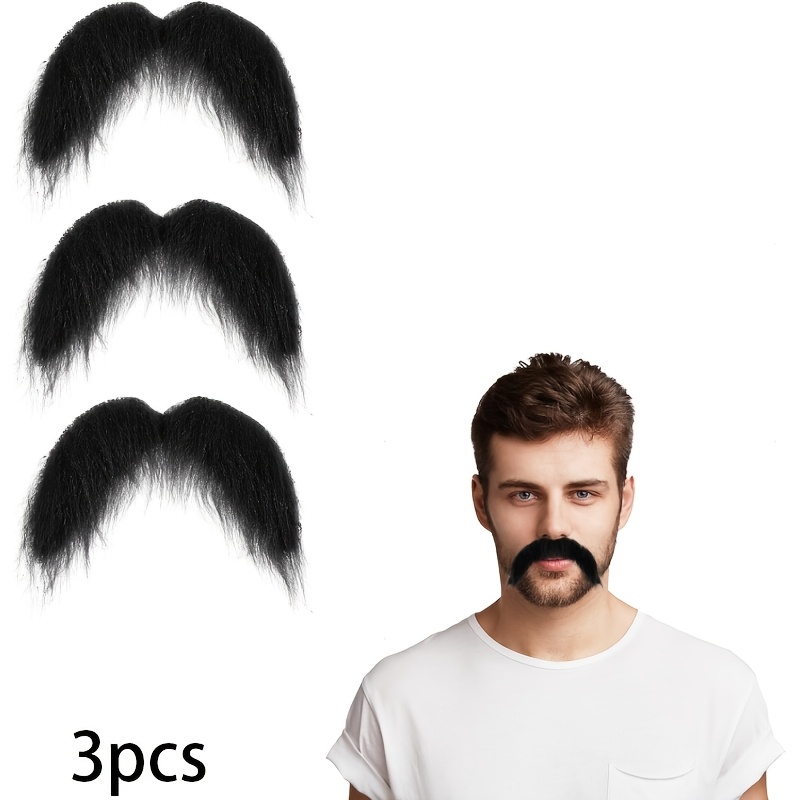 TEMU 3pcs Black Fake Mustaches, Stick On Mustache, Realistic Fake Facial Hair, Novelty Handlebar Beard For Cosplay Costumes, Theme Party And Halloween