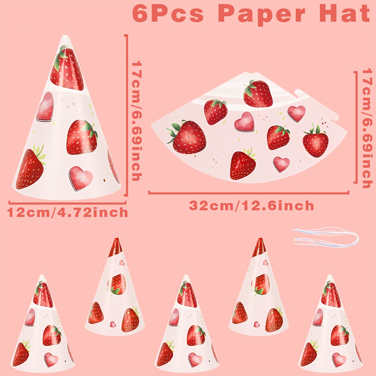 TEMU 6pcs, Chapeaux de fête, Chapeau d'anniversaire fraise rose, Chapeau d'anniversaire à motif fraise, Décoration de fête sur le thème des fraises,