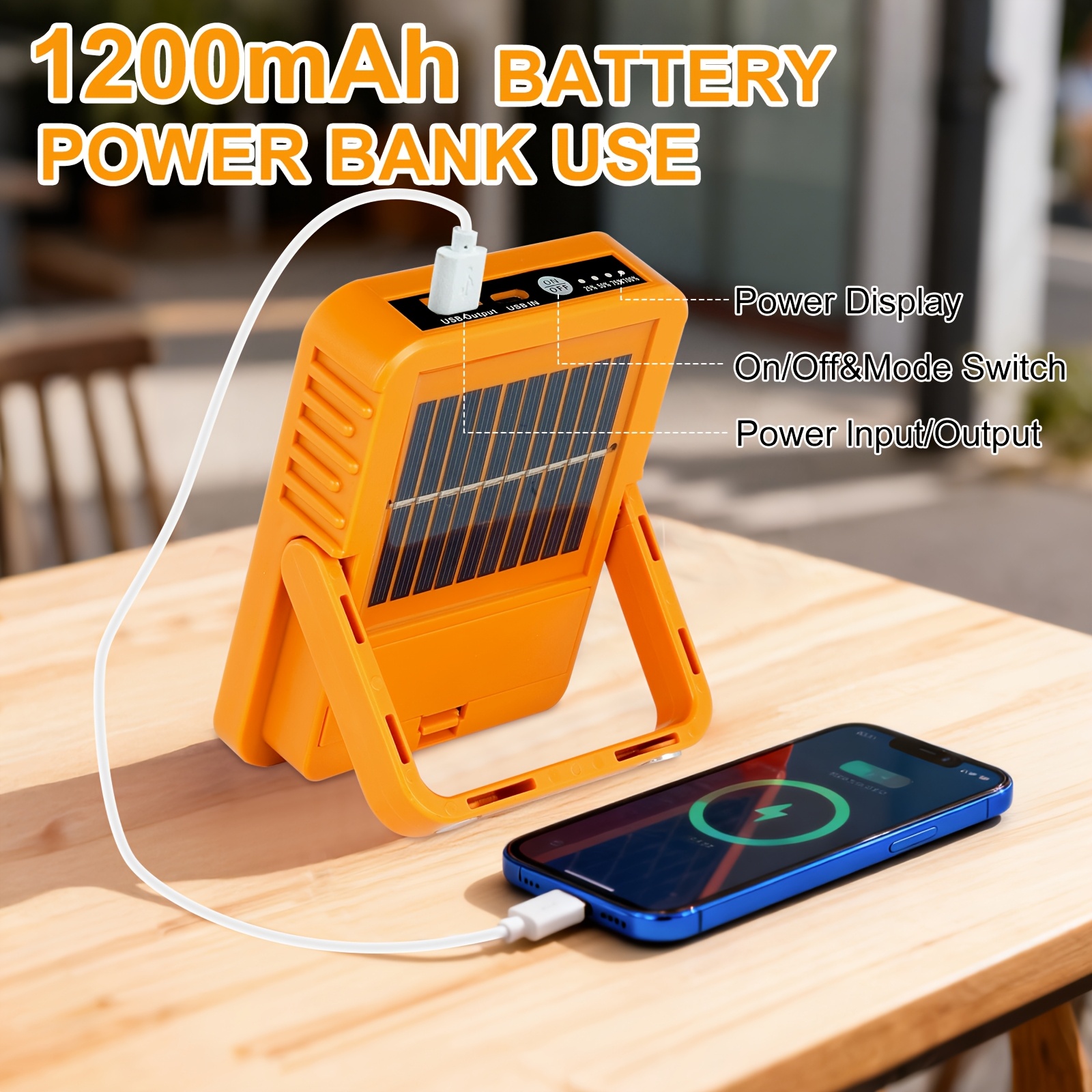 Portable Charger & Flashlight with USB Fast Charging, 1200mAh Solar Camping Light, 5 Lighting Modes, Emergency Power Bank Suitable for Outdoor, Hiking, Power Outages, Compatible with Smartphones & Tablets