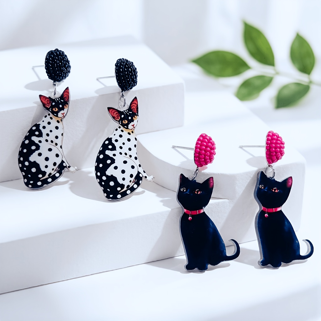 Handmade Cute Y2K Black and White Polka Dot Cat-Shaped Earrings