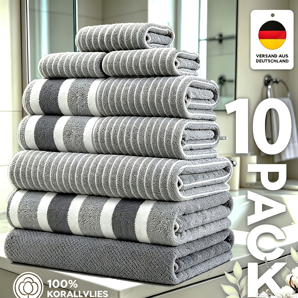 TEMU 10pcs Coral Towel Set, Combination Set Of Large Towel And Washcloth, Soft And , Classic Striped Style, Versatile, Suitable For Large